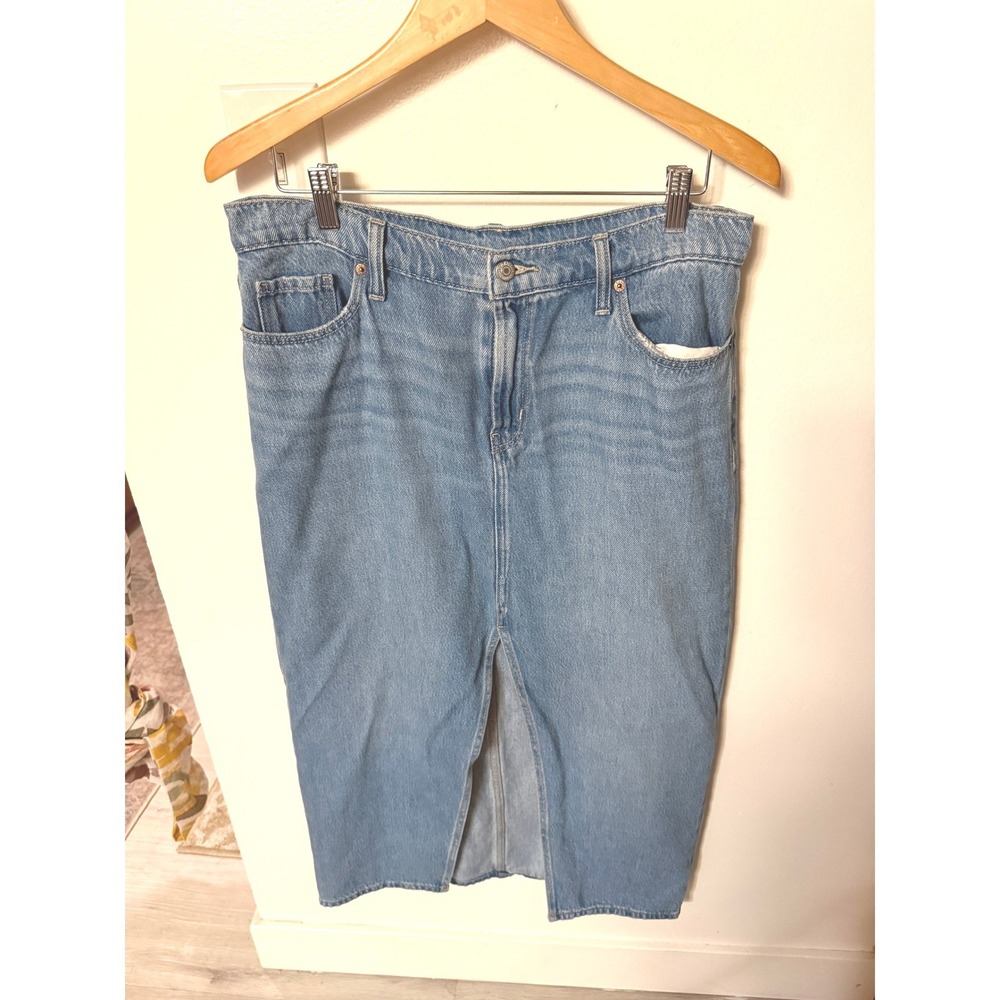 Old Navy midi denim nonstretch front slit perfect medium blue 10 LG midsize euc